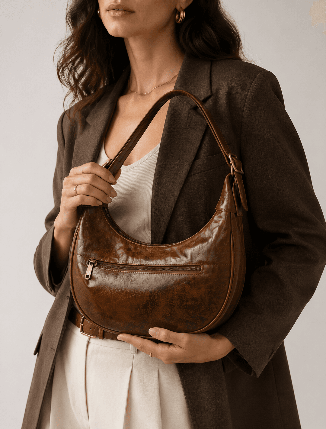 Crescent Brown Leather Hobo Bag | Half Moon Shoulder Bag — view 1