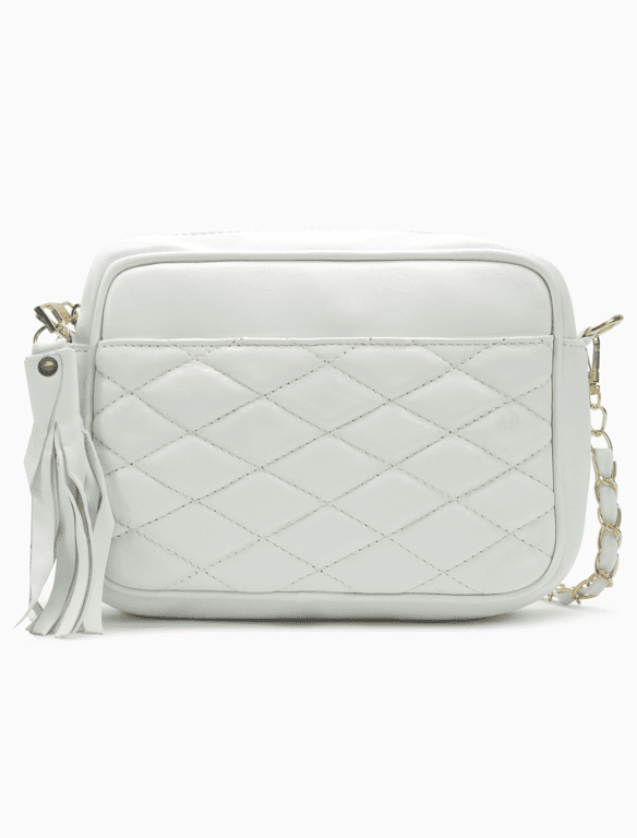 Minimalist White Quilted Leather Camera Bag | Elegant Diamond-Stitched Crossbody — view 1