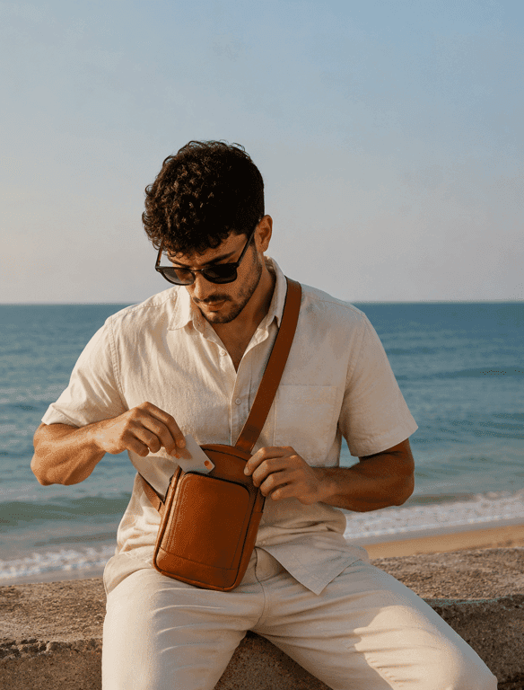 Minimalist Cognac Leather Sling Bag | Vertical Crossbody Chest Bag — view 1