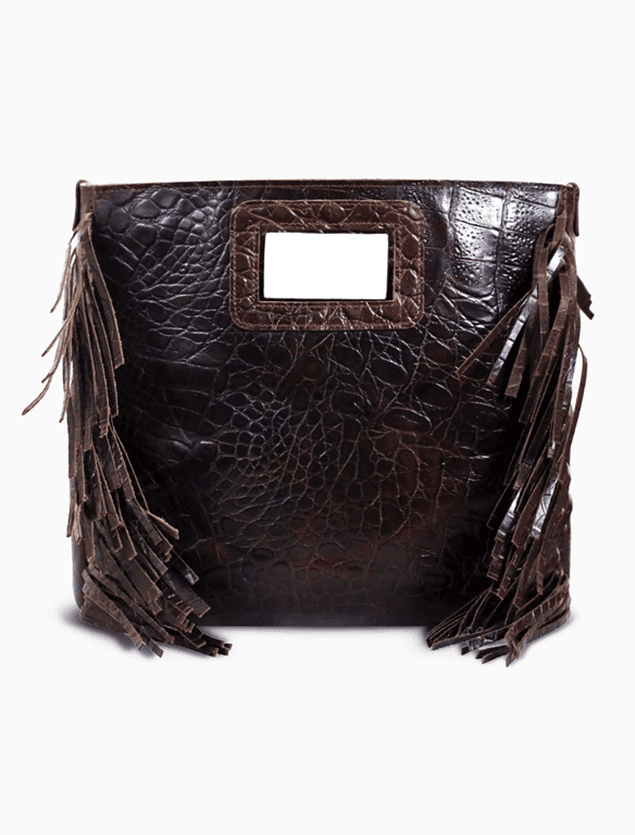 Croco-Embossed Leather Fringe Tote | Dark Brown Statement Western Bag — view 1