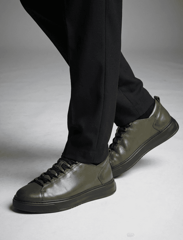 Men's Minimalist Olive Leather Sneakers | Premium Low-Top Urban Trainers — view 1