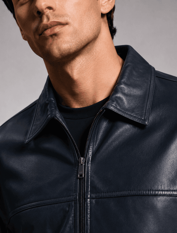 Classic Navy Blue Leather Bomber Jacket | Unisex Zip-Up Aviator Jacket — view 1