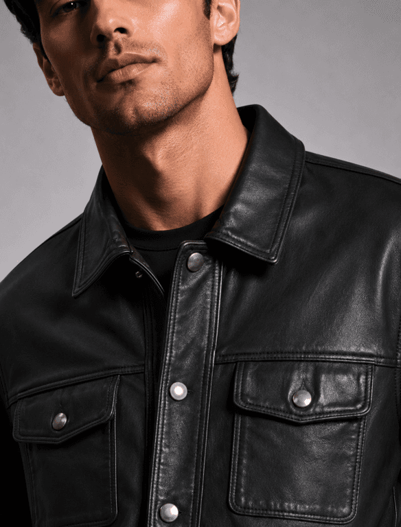 Classic Black Leather Trucker Jacket | Unisex Button-Front Shirt Collar Jacket — view 1
