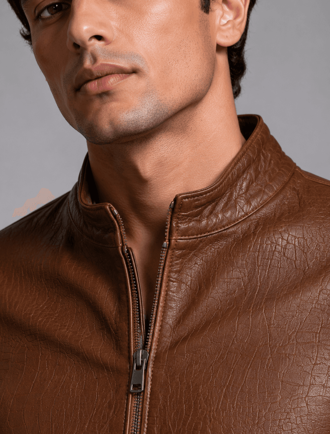Classic Brown Croco-Embossed Leather Jacket | Men's Zip-Front Stand Collar Jacket — view 1