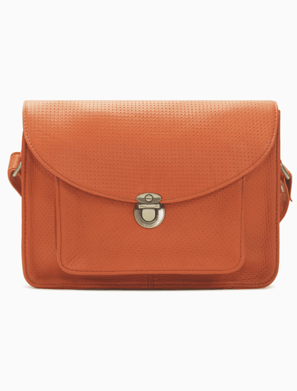 Perforated Tangerine Leather Messenger Bag | Vibrant Vintage Crossbody — view 1