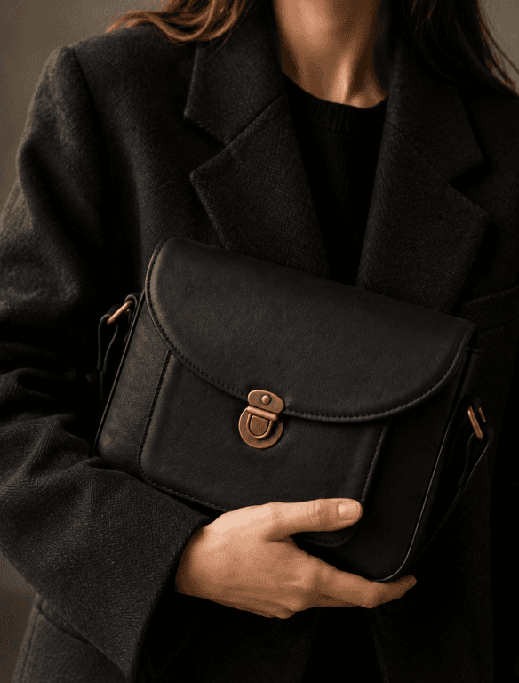 Classic Black Leather Messenger Bag | Vintage Black Crossbody Satchel — view 1