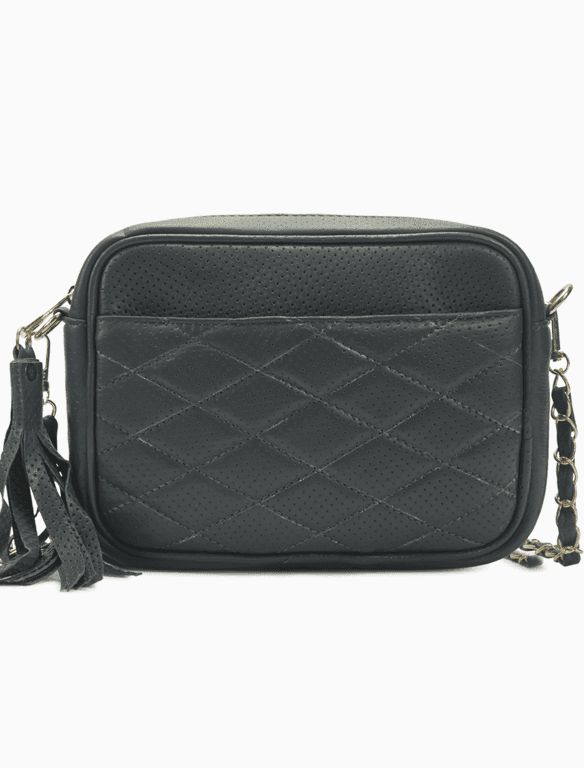 Quilted Black Leather Camera Bag | Elegant Diamond-Stitched Crossbody — view 1