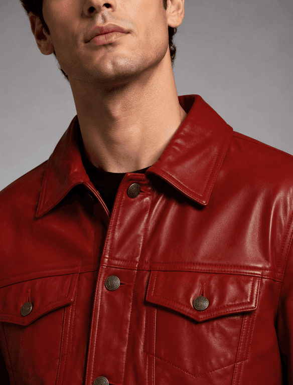 Classic Red Leather Trucker Jacket | Men's Button-Front Shirt Collar Jacket — view 1