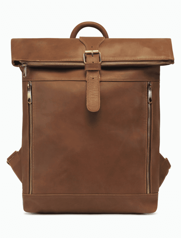 Large Brown Leather Roll-Top Backpack | Minimalist Travel Backpack — view 1