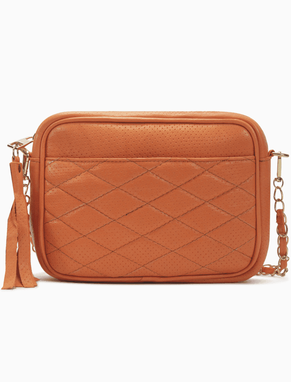 Quilted Tangerine Leather Camera Bag | Bright Diamond-Stitched Crossbody — view 1