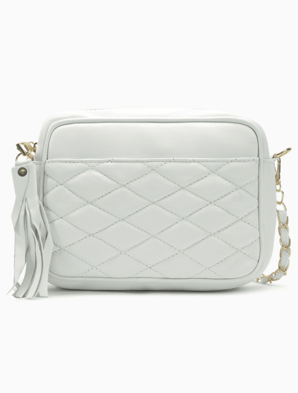 Minimalist White Quilted Leather Camera Bag | Elegant Diamond-Stitched Crossbody — view 1