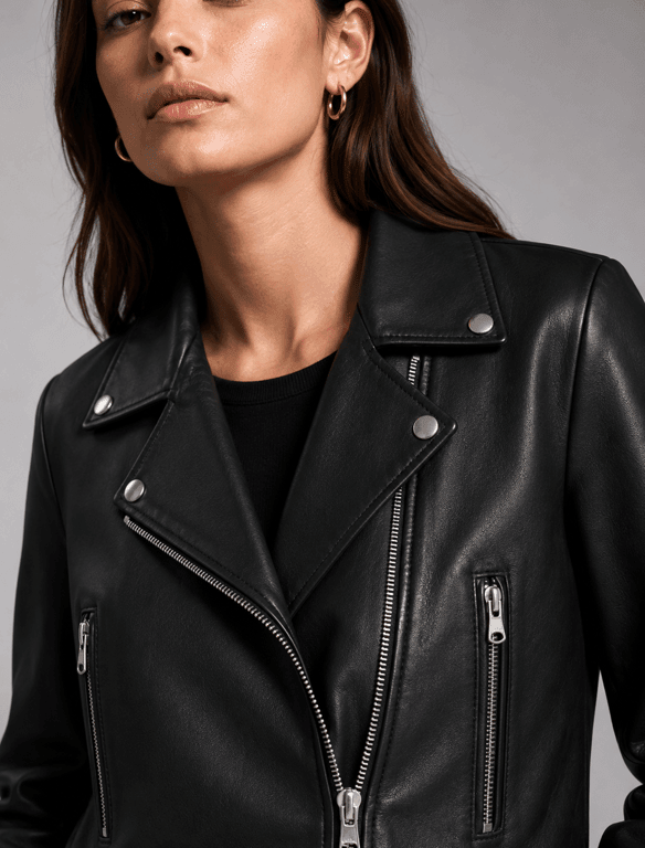 Classic Black Leather Biker Jacket | Women's Cropped Moto Jacket — view 1