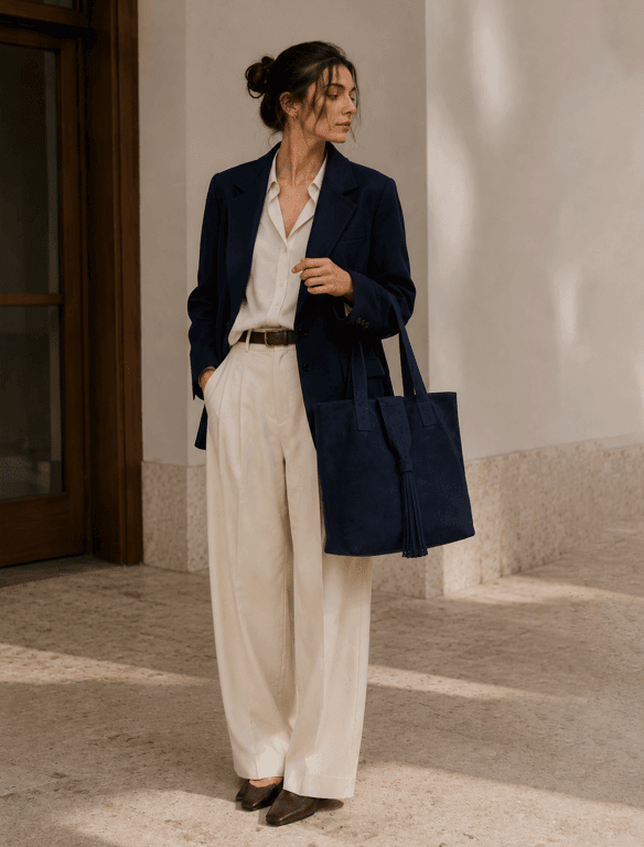 Large Navy Blue Suede Tote Bag | Tassel Shoulder Bag — view 1