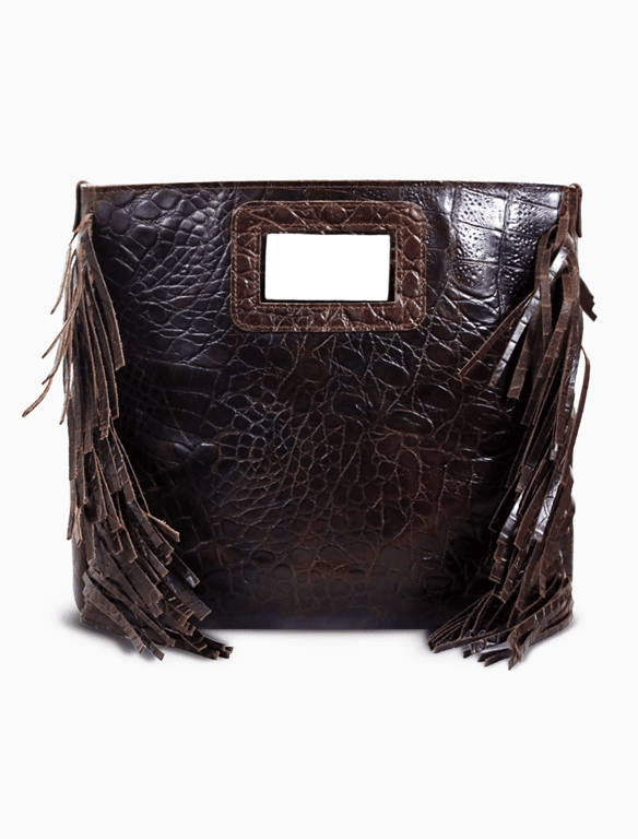 Croco-Embossed Leather Fringe Tote | Dark Brown Statement Western Bag — view 1
