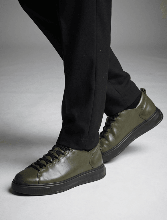 Men's Minimalist Olive Leather Sneakers | Premium Low-Top Urban Trainers — view 1
