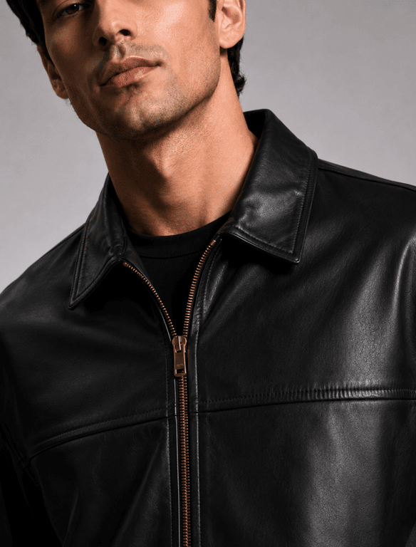 Classic Black Leather Jacket | Unisex Zip-Front Shirt Collar Jacket — view 1