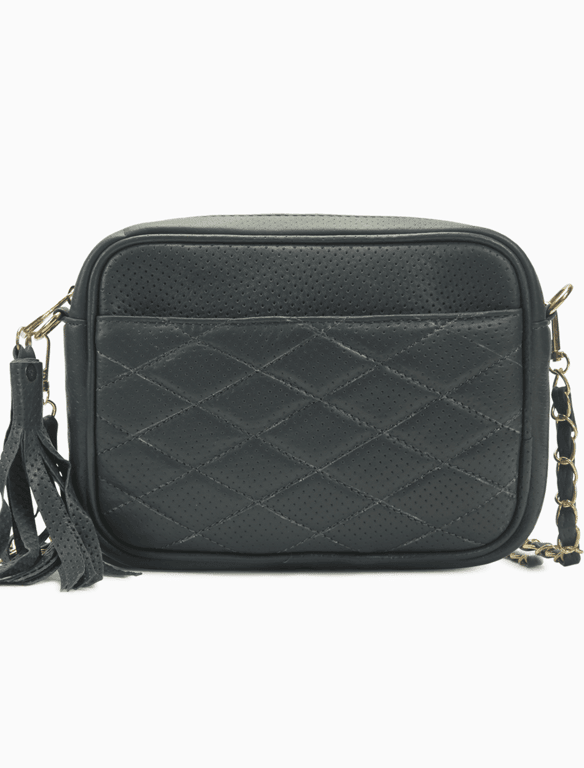 Quilted Black Leather Camera Bag | Elegant Diamond-Stitched Crossbody — view 1