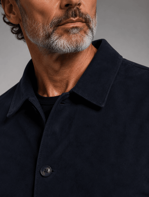 Classic Navy Suede Shirt Jacket | Men's Button-Front Overshirt Jacket — view 1