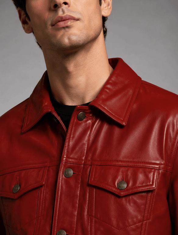 Classic Red Leather Trucker Jacket | Men's Button-Front Shirt Collar Jacket — view 1
