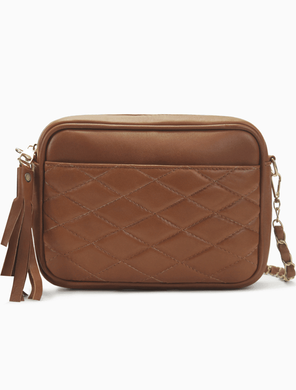 Quilted Cognac Leather Camera Bag | Timeless Caramel Diamond-Stitched Crossbody — view 1
