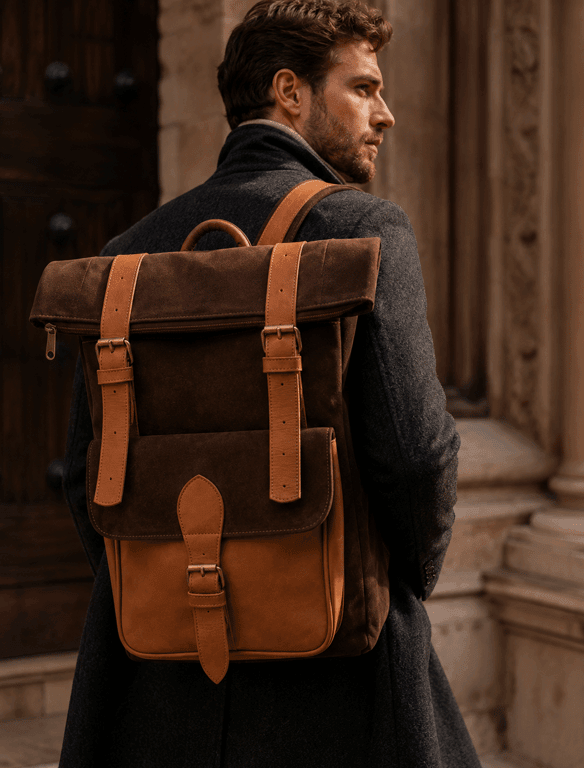 Dark Brown Suede and Leather Roll-Top Backpack | Minimalist Travel Backpack — view 1