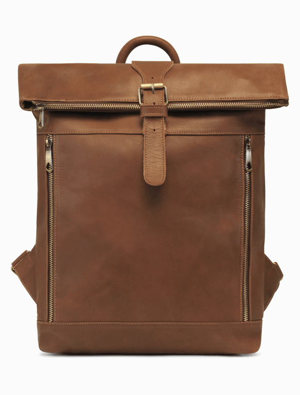 Large Brown Leather Roll-Top Backpack | Minimalist Travel Backpack — view 1